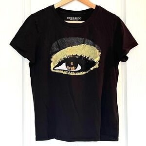 Guess Eco Black 100% Organic Cotton Graphic Eye T-Shirt Sz M Streetwear Artistic